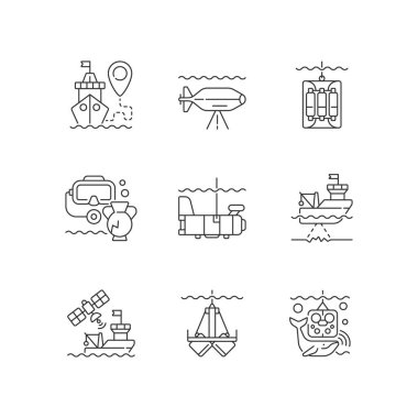 Denizci keşif lineer simgeleri ayarlandı. Deniz ve okyanus bilgisini arttırıyor. Suyu taramak için ekipman. Özelleştirilebilir ince çizgi şekilleri. İzole vektör çizimi çizimleri. Düzenlenebilir vuruş