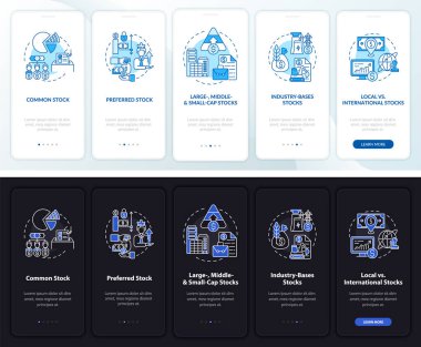 Mobil uygulama sayfa ekranında konseptli hisse senedi türleri. Tercihen, yerel muhbirler 5 aşamalı grafik talimatları gözden geçirirler. UI, UX, GUI vektör şablonu doğrusal gece ve gündüz kip çizimleri