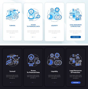Mobil uygulama sayfasında kavramlarla birlikte küresel hisse senedi sorunu. Kargaşa, yasallık, dört aşamalı grafik talimatlar. UI, UX, GUI vektör şablonu doğrusal gece ve gündüz kip çizimleri