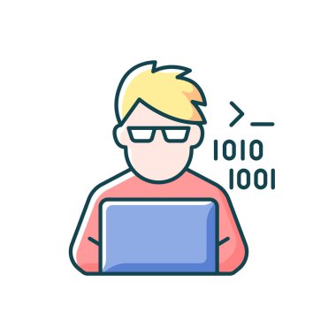 Programcı, bilgisayar uzmanı RGB renk simgesi. Dizüstü bilgisayarda kodlanan bir adam. Serbest yazılım geliştiricisi. Dizüstü bilgisayarda kodlayıcı. Sosyal sınıf. Sosyal sınıflandırma grubu üyesi. İzole vektör illüstrasyonu