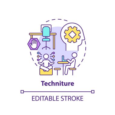Teknoloji konsepti ikonu. Çalışma alanı eğilimi ince çizgi çizimi fikri. Teknoloji, mimari kombinasyon. İş yeri için dijital çözümler. Vektör izole edilmiş RGB renk çizimi. Düzenlenebilir vuruş