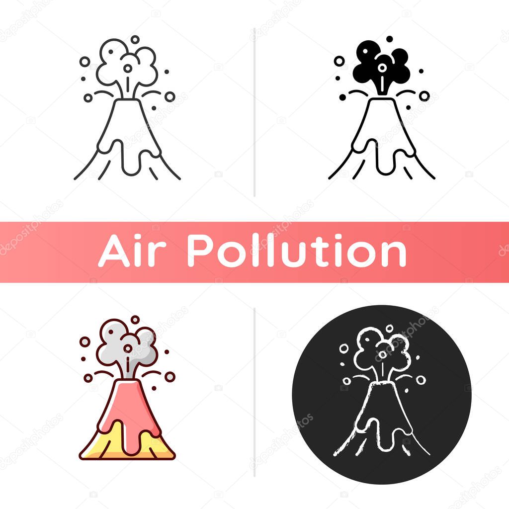 Volcanic activity icon. Volcanic eruptions are major sources of natural air level pollution problem. Linear black and RGB color styles. Isolated vector illustrations