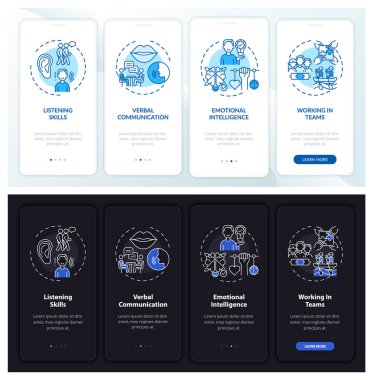 Mobil uygulama sayfasında kavramlarla birlikte kişisel beceri değerlendirmesi. 4 aşamalı grafik talimatlar. UI, UX, GUI vektör şablonu doğrusal gece ve gündüz kip çizimleri