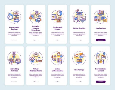 Mobil uygulama sayfası ekranında kavramlarla sanal oturumlar ayarlandı. Takım oluşturma aktiviteleri 5 adım grafik talimatlar üzerinden geçiyor. UI, UX, doğrusal renk çizimleri olan GUI vektör şablonu