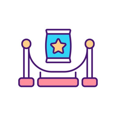 Sergi RGB renk simgesi. Öge sunumu düzenleniyor. Sanat galerisi ve müze. Medya ve müşteriler ilgi odağı oluyor. Eşsiz projeler ve ürünler sergiliyor. İzole vektör illüstrasyonu