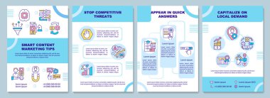 Akıllı içerik pazarlama broşürü tüyoları. Rekabetçi tehditler. Broşür, broşür, broşür baskısı, doğrusal simgelerle kaplama tasarımı. Sunum için vektör düzenleri, yıllık raporlar, reklam sayfaları