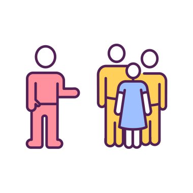 Hastalıklı insanlardan kaçmak RGB renk simgesi. Korona virüsünün hızla yayılmasını karantina ve toplum için belirlenmiş özel kurallar ile halletmek. İzole vektör illüstrasyonu