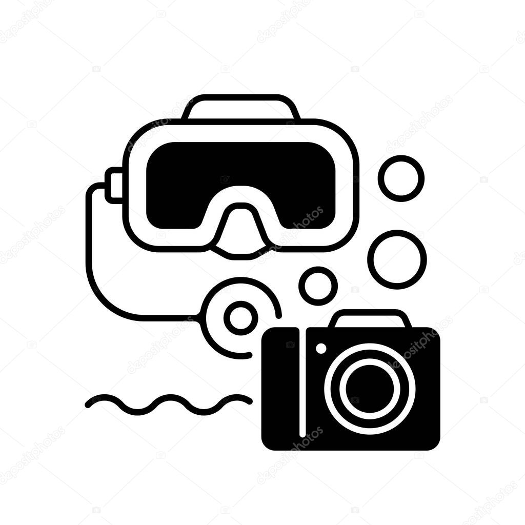 Underwater photography black linear icon. Process of taking photographs while under water usually done while scuba diving. Outline symbol on white space. Vector isolated illustration
