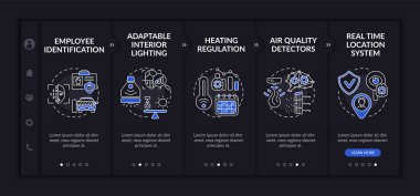 Geleceğin akıllı çalışma alanı vektör şablonu üzerinde. Simgeli ilgili mobil web sitesi. Web sayfasında 5 basamaklı ekranlar. Doğrusal çizimlerle tanımlama, düzenleme gece modu kavramı