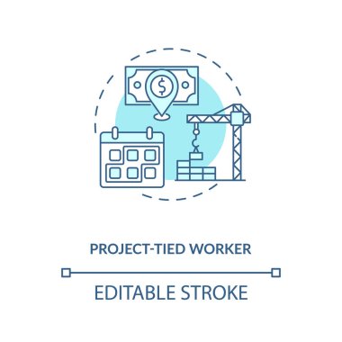 İşçi mavi konsept ikonu projesi. Kısa vadeli bir iş. İnşaat işi, inşaat hizmeti. Göçmen işçi doğru fikir ince çizim çizimi. Vektör izole edilmiş RGB renk çizimi. Düzenlenebilir vuruş