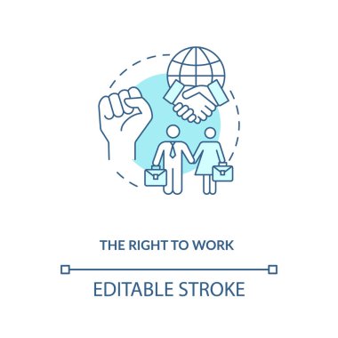 Mavi konsept simgesi üzerinde çalışma hakkı. İşçi sendikası. Cinsiyet eşitliği. Erkek, kadın işçi. Göçmen hakları fikri ince çizgi çizimi. Vektör izole edilmiş RGB renk çizimi. Düzenlenebilir vuruş