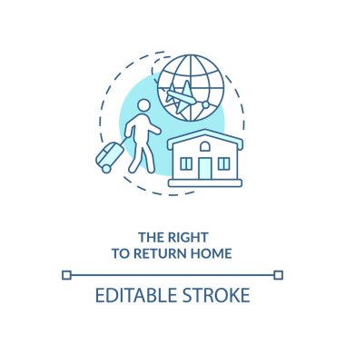 Eve dönme hakkı mavi konsept ikonu. Göçmen hareket özgürlüğü. Vatandaşlık hakları. Göçmen hakları fikri ince çizgi çizimi. Vektör izole edilmiş RGB renk çizimi. Düzenlenebilir vuruş