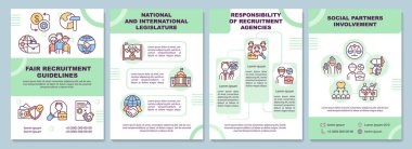 Adil işe alım kılavuzları broşür şablonu. Sosyal ortaklar. Broşür, broşür, broşür baskısı, doğrusal simgelerle kaplama tasarımı. Sunum için vektör düzenleri, yıllık raporlar, reklam sayfaları
