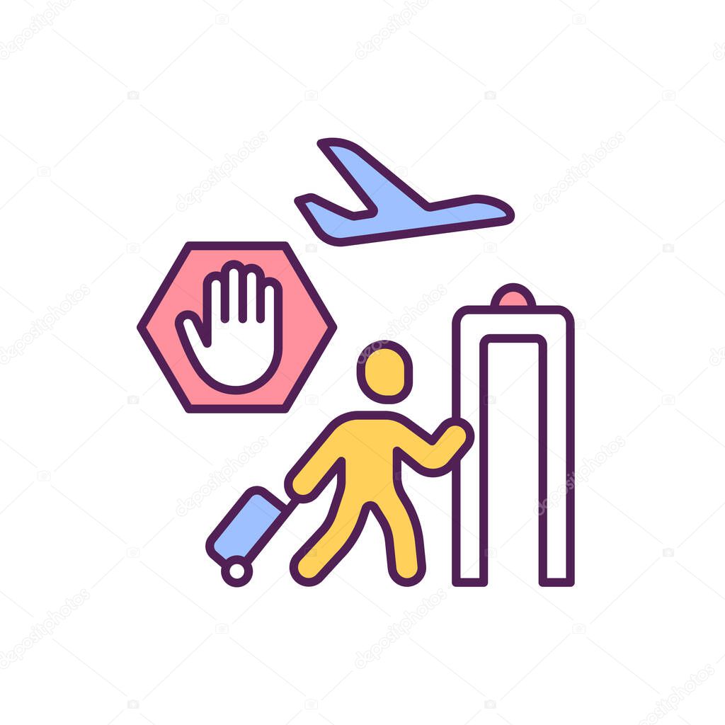 Airports stop working RGB color icon. Traveling issues due to world corona virus pandemia. Quarantine social distance and face masks rules. Isolated vector illustration