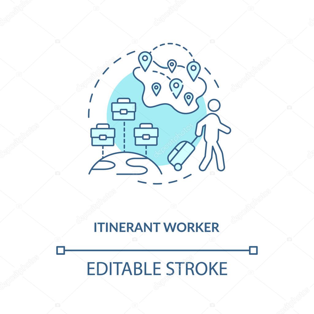 Itinerant worker blue concept icon. Immigration for work. Temporary job in different regions. Migrant rights idea thin line illustration. Vector isolated outline RGB color drawing. Editable stroke