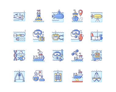 Deniz keşif RGB renk simgeleri ayarlandı. Deniz hayvanlarına ve doğaya dair bilgi ve anlayış artıyor. Dünya doğasını keşfetmek. İzole vektör çizimleri