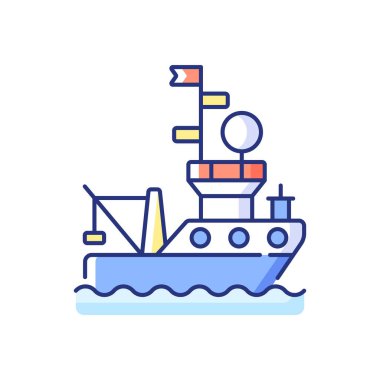 Araştırma gemisi RGB renk simgesi. Gemi ya da tekne denizde ya da okyanusta araştırma yapmak için tasarlandı ve donatıldı. Görevleri yerine getirmek için. İzole vektör illüstrasyonu