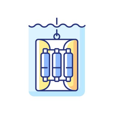 Su örnekleyici RGB renk simgesi. Su örnekleme cihazları. Kova teknenin kenarına düştü. Kabloyla okyanusa gönderilen büyük su şişeleri. İzole vektör illüstrasyonu