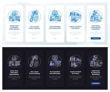 Konseptli mobil uygulama sayfası ekranında uzak toplantı pazarlaması. 5 adımlık grafik talimatlara göre ödeme yapılmış. UI, UX, doğrusal gece modu çizimleri ile GUI vektör şablonu