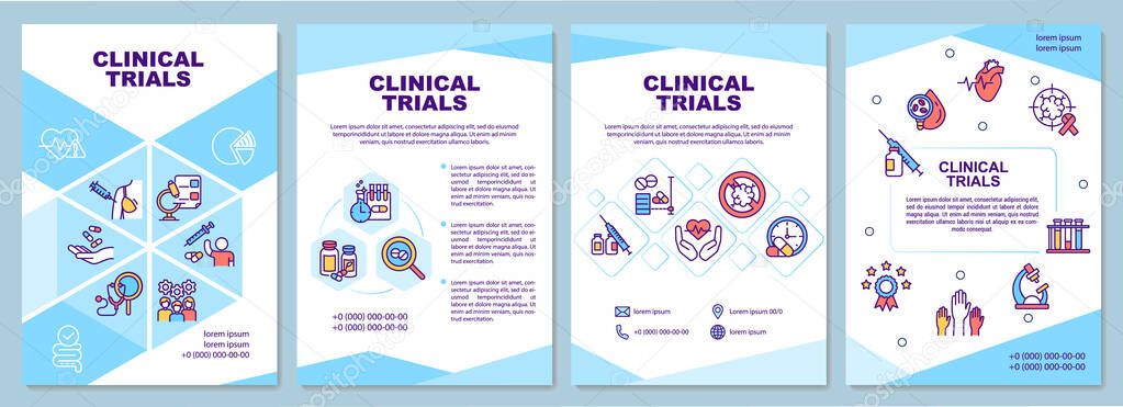 Clinical trials brochure template. New medicine, therapy testing. Flyer, booklet, leaflet print, cover design with linear icons. Vector layouts for presentation, annual reports, advertisement pages