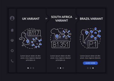 Virüs türleri vektör şablonunda. Simgeli ilgili mobil web sitesi. Web sayfası gezintisi 3 adım ekranı. Doğrusal çizimlerle Güney Afrika covid renk konsepti