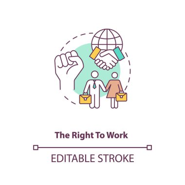 Konsept simgesi üzerinde çalışma hakkı. İşçi sendikası. Cinsiyet eşitliği. Erkek, kadın işçi. Göçmen işçi hakları fikri ince çizgi çizimi. Vektör izole edilmiş RGB renk çizimi. Düzenlenebilir vuruş