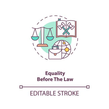 Eşitlik, hukuk kavramı ikonundan önce gelir. Yasa, mahkemenin adaleti, savunması. Göçmen işçi hakları fikri ince çizgi çizimi. Vektör izole edilmiş RGB renk çizimi. Düzenlenebilir vuruş