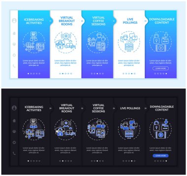 Online vektör şablonunda başarı elde edildi. Simgeli ilgili mobil web sitesi. Web sayfasında 5 basamaklı ekranlar. Lineer çizimlerle indirilebilir içerik gece modu kavramı