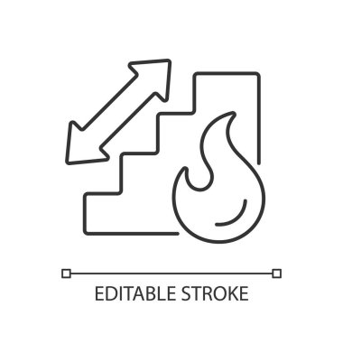Merdiven doğrusal simgesi. Tahliye merdivenlerine yönlendirilmiş ok. Bina güvenliği. Yangın güvenliği. İnce çizgi özelleştirilebilir illüstrasyon. Contour sembolü. Vektör izole çizim. Düzenlenebilir vuruş