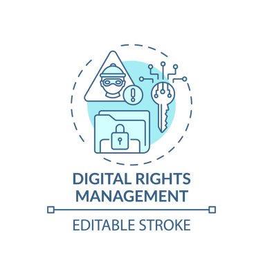 Dijital Haklar Yönetimi konsepti ikonu. Rekabet karşıtı uygulama fikri ince çizgi çizimi. Telif hakkı olan çalışmalar kısıtlama kullanır. Vektör izole edilmiş RGB renk çizimi. Düzenlenebilir vuruş