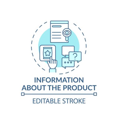 Ürün konsepti simgesi hakkında bilgi. Tüketici fikri ince çizgi çizimi. Dolandırıcılık ticaret uygulamalarına karşı koruma. Vektör izole edilmiş RGB renk çizimi. Düzenlenebilir vuruş