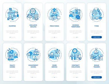 Mobil uygulama sayfası ekranında konseptlerle girişimci uygulamaları. Tüketici güvenliği 5 aşamalı grafik talimatlar veriyor. UI, UX, doğrusal renk çizimleri olan GUI vektör şablonu