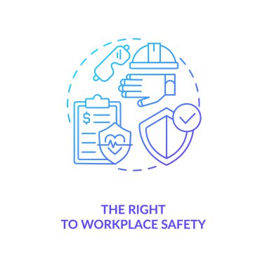 İş yeri güvenliği mavi gradyan konsept simgesi hakkı. Personel sağlık sigortası ve güvenliği. Göçmen işçi hakları fikri ince çizgi çizimi. Vektör izole edilmiş RGB renk çizimi