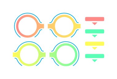 Renkli gradyan daireler vektör bilgi elemanları ayarlandı. Adımlar sunum şablonu tasarımı. Veri görselleştirmesi 4 adımda. Zaman çizelgesi koleksiyonu. Bilgi akışı düzeni için simgeler paketlenir
