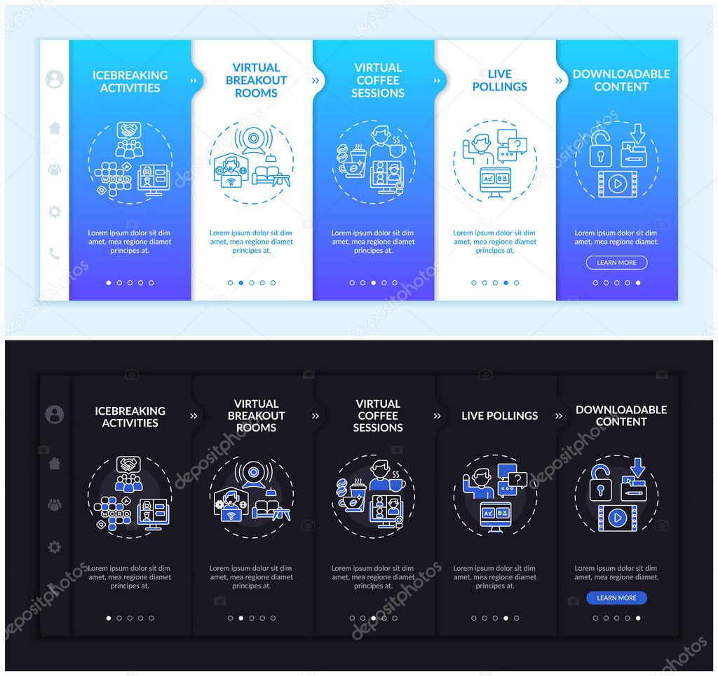 Online gathering success onboarding vector template. Responsive mobile website with icons. Web page walkthrough 5 step screens. Downloadable content night day mode concept with linear illustrations