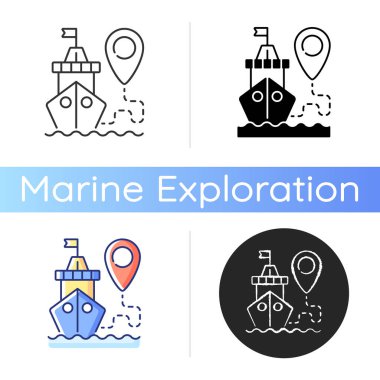 Gemi izleme simgesi. Gemilerde ve teknelerde alıcı-vericiler kullanan otomatik GPS izleme sistemi. Uydu konumu bulundu. Lineer siyah ve RGB renk stilleri. İzole vektör çizimleri