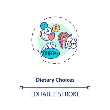 Dietary choices concept icon. Clinical trials type idea thin line illustration. Dietary intervention assessment. Testing vitamins, minerals. Vector isolated outline RGB color drawing. Editable stroke clipart