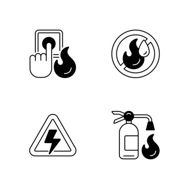 Yangın tehlikesi talimatları siyah doğrusal simgeler ayarlandı. Alarm düğmesi. Su kullanma. Yangın söndürücüsü. Yüksek voltaj etiketi. Tehlike yönetmeliği. Kabartma şekilleri. Vektör izole edilmiş taslak çizimleri