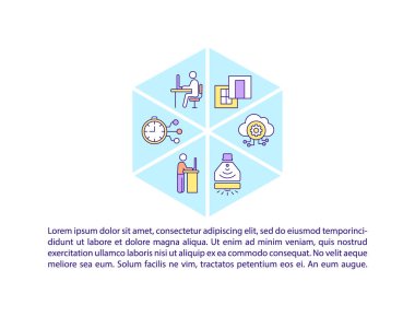 Yazılı ofis yönetimi konsepti simgeleri. Kopya uzayı ile PPT sayfa vektör şablonu. Broşür, dergi, gazete tasarımı. Beyaz üzerine çağdaş iş yeri doğrusal çizimler planlanıyor