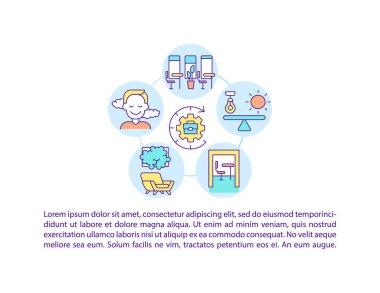 Konforlu çalışma merkezleri, metinli konsept satır simgeleri. Kopya uzayı ile PPT sayfa vektör şablonu. Broşür, dergi, gazete tasarımı. Beyaz üzerine kurumsal hizmetler doğrusal çizimler