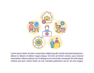 Uzak işçiler için özel ofisler. Metinli konsept satır simgeleri. Kopya uzayı ile PPT sayfa vektör şablonu. Broşür, dergi, gazete tasarımı. Beyazlar üzerinde uzaktan doğrusal çizimler çalışıyor