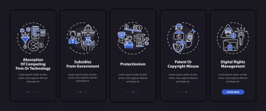 Mobil uygulama sayfası ekranında kavramlarla rekabetçi olmayan yollar. Birleşme, finansal destek araştırması 5 adım grafik talimatlar. UI, UX, doğrusal gece kipi çizimleri ile GUI vektör şablonu