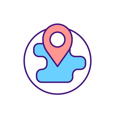 Dünya RGB renk simgesinin konumu. Küresel haritada GPS pimi. Coğrafya işareti. Diğer konteynıra göç. Varış bölgesi. Yurtdışına taşınıyorum. Seyahat yeri. İzole vektör illüstrasyonu