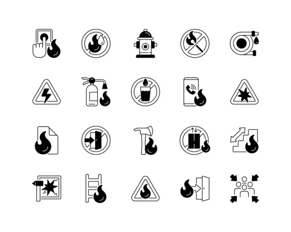 Fire Safety Black Linear Icons Set Alarm Emergency Use Drinking — Stock Vector