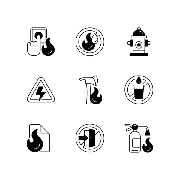 Brandnotfall Schwarze Lineare Symbole Gesetzt Alarmknopf Hochspannung Verwenden Sie Kein — Stockvektor