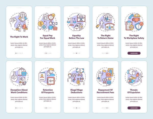 Göçmen işçi hakları, mobil uygulama sayfası ekranında konseptlerle birlikte. Göçmenlik bürosu 5 adım grafik talimat verdi. UI, UX, doğrusal renk çizimleri olan GUI vektör şablonu