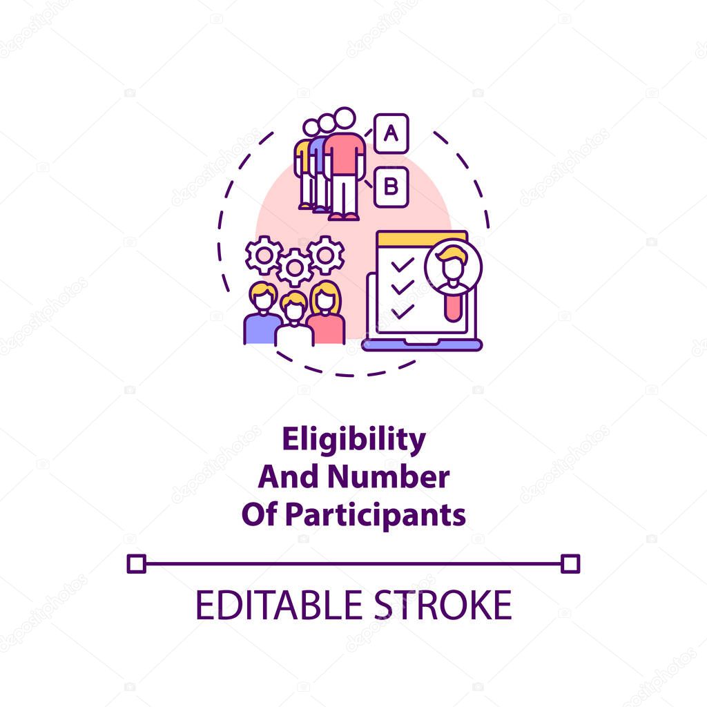 Eligibility and participants number concept icon. Clinical trial protocol idea thin line illustration. Volunteers identifying and recruiting. Vector isolated outline RGB color drawing. Editable stroke