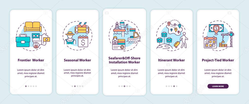 Migrant workers types onboarding mobile app page screen with concepts. Immigrants walkthrough 5 steps graphic instructions. UI, UX, GUI vector template with linear color illustrations