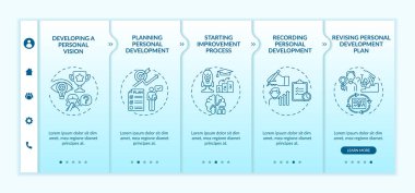 Kişisel gelişim vektör şablonuna adım atıyor. Simgeli ilgili mobil web sitesi. Web sayfasında 5 basamaklı ekranlar. Doğrusal çizimlerle kendini geliştirme renk kavramı