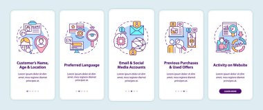 Akıllı içerik analitik bileşenleri, konseptli mobil uygulama sayfası ekranındaki kriterler. SEO 5 aşamalı grafik talimatları gözden geçiriyor. UI, UX, doğrusal renk çizimleri olan GUI vektör şablonu